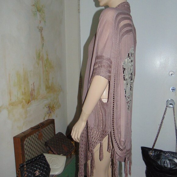 Miracle Women's Knit Open Cardigan size S/M mauve boho crochet fringe cotton USA - Picture 5 of 13
